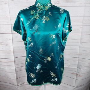 Vintage Peony Womens Sz XL Asian Traditional Chinese Top Turquoise Floral Print